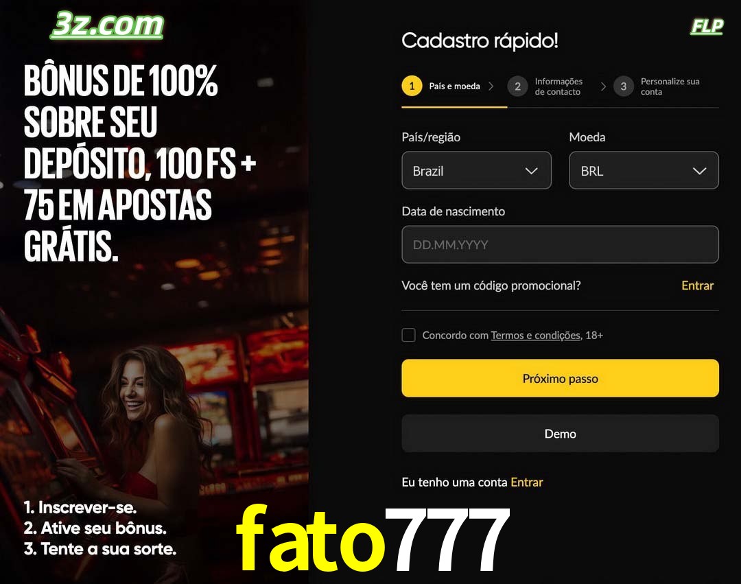 fato777 registro oficial cassino online Brasil com bônus de depósito e free spins